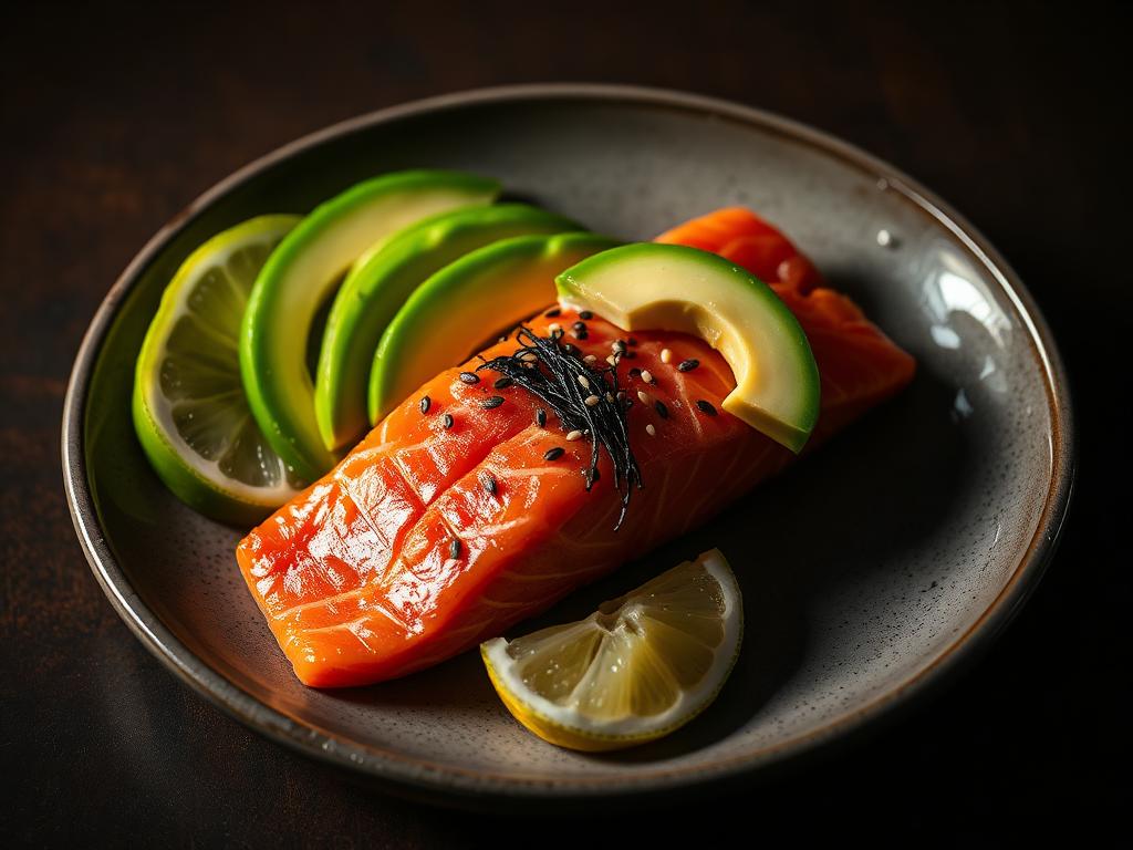 Salmón noruego, aguacate y wakame con sésamo negro